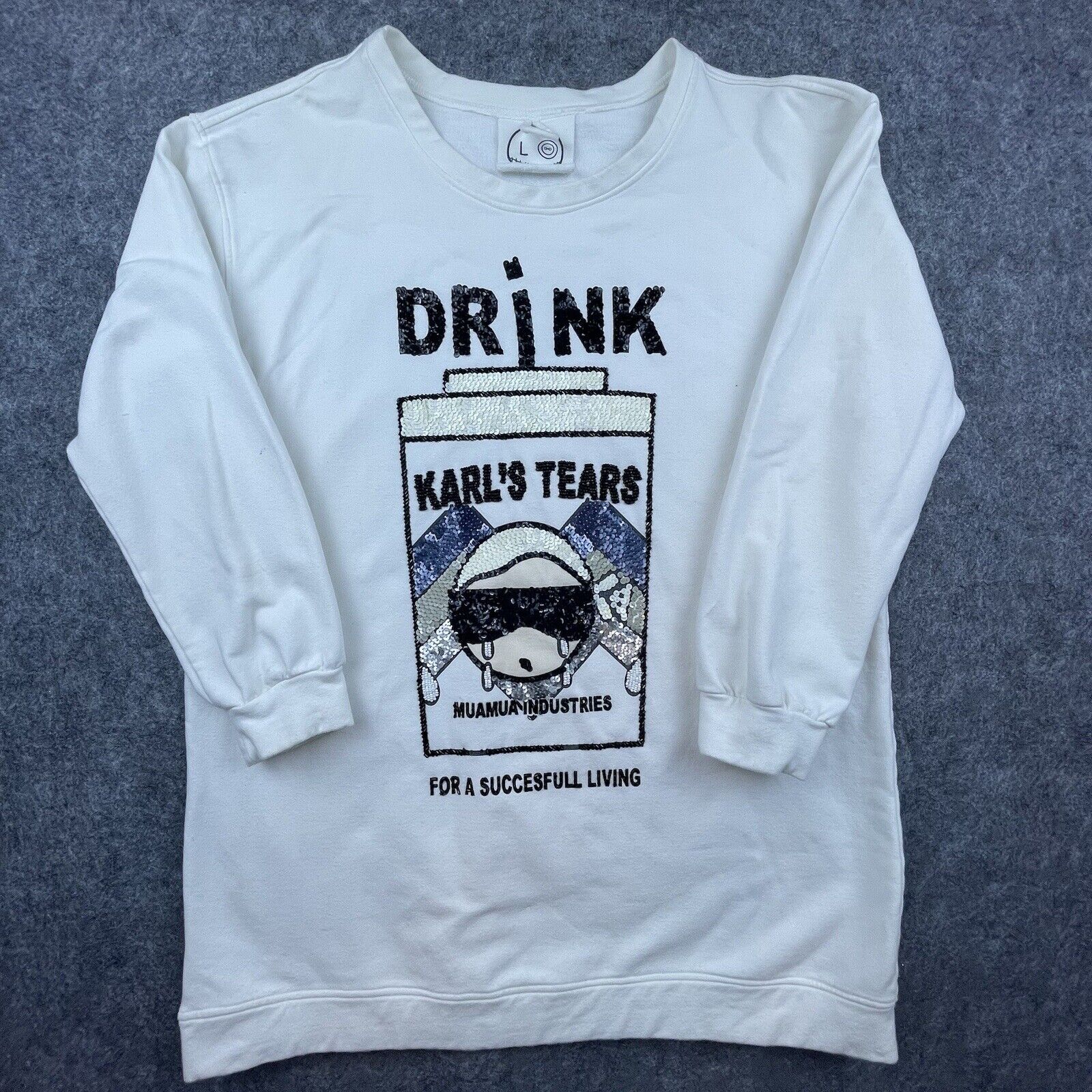 House Of Mua Mua Sweatshirt L White Sequin Drink Karl's Tears Karletto Sparkle